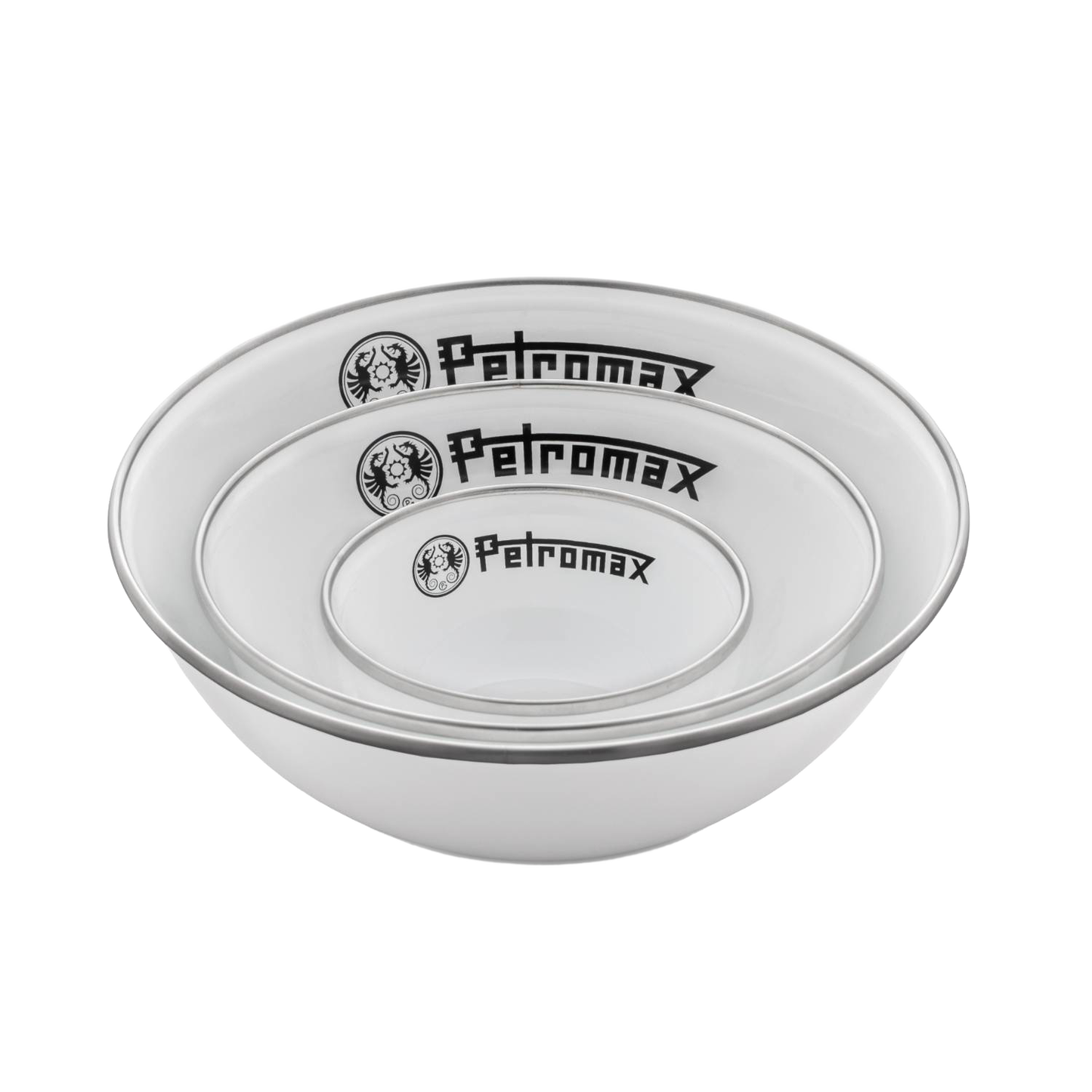 Three white enamel bowls with black rim and logo, designed for lightweight, durable use in camping, kitchen, farm, garden, and outdoor dining, featured in Best Sellers and Promo Eligible collections.