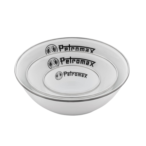 Three white enamel bowls with black rim and logo, designed for lightweight, durable use in camping, kitchen, farm, garden, and outdoor dining, featured in Best Sellers and Promo Eligible collections.