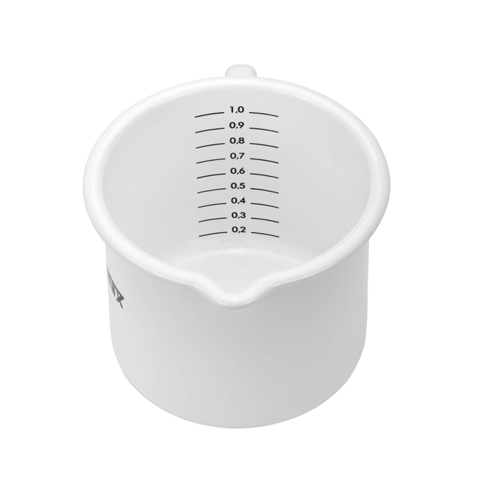 White enameled steel milk pot with clear volume measurements and a pour spout, handcrafted for reliable use in Farm, Garden & Tool, Kitchen & Food, Camping, Cookware, and Best Sellers collections.