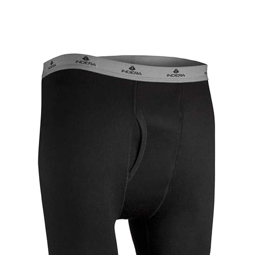 Black fleece long johns pants with gray branded elastic waistband, featuring fleeced polyester lining and ribbed cuffs for comfort and moisture-wicking, ideal for Health & Wellness, Clothing and Accessories, Best Sellers, and Promo Eligible collections.