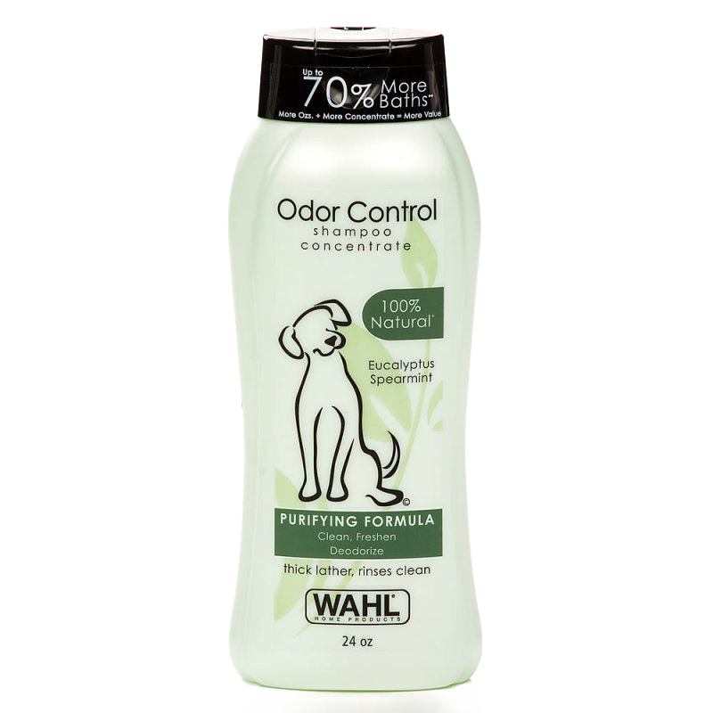 Light green bottle of natural odor control dog shampoo concentrate featuring eucalyptus and spearmint scent, designed for gentle cleansing and deodorizing, USA made, featured in Grooming and Personal Hygiene, Pet Supplies, USA Made, Best Sellers, and Promo Eligible collections.