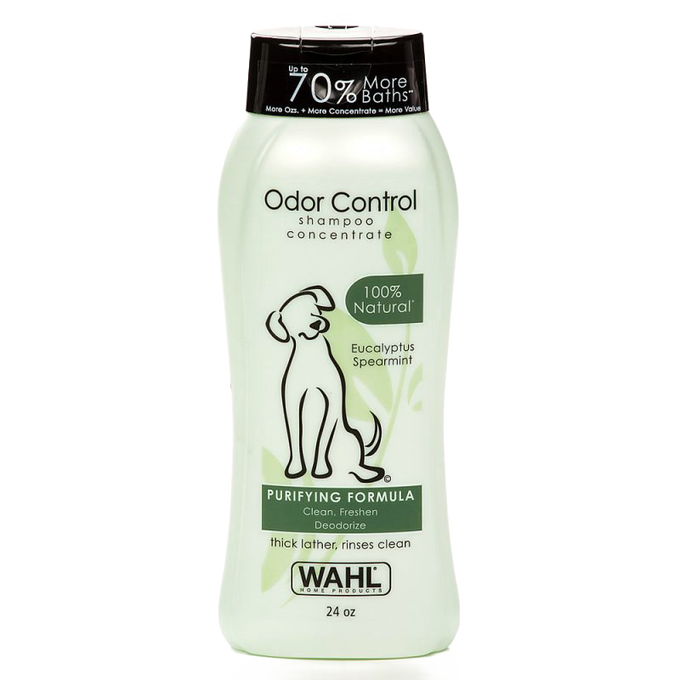 Light green bottle of natural odor control dog shampoo concentrate featuring eucalyptus and spearmint scent, designed for gentle cleansing and deodorizing, USA made, featured in Grooming and Personal Hygiene, Pet Supplies, USA Made, Best Sellers, and Promo Eligible collections.