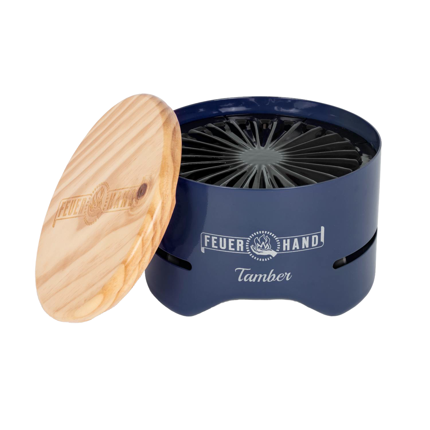 Compact blue tabletop charcoal grill with a handcrafted wooden lid engraved with logo, designed for intimate outdoor cooking, featured in Farm, Garden & Tool and Grilling collections.