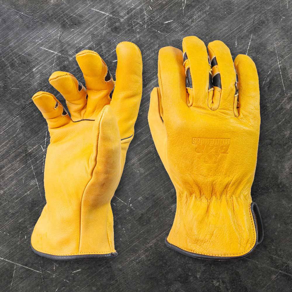 Pair of yellow cowhide driver gloves with ergonomic curved finger design, double wedge construction, and reinforced seams, suitable for Health & Wellness, Farm, Garden & Tool, and Hand Tools and Hardware collections.