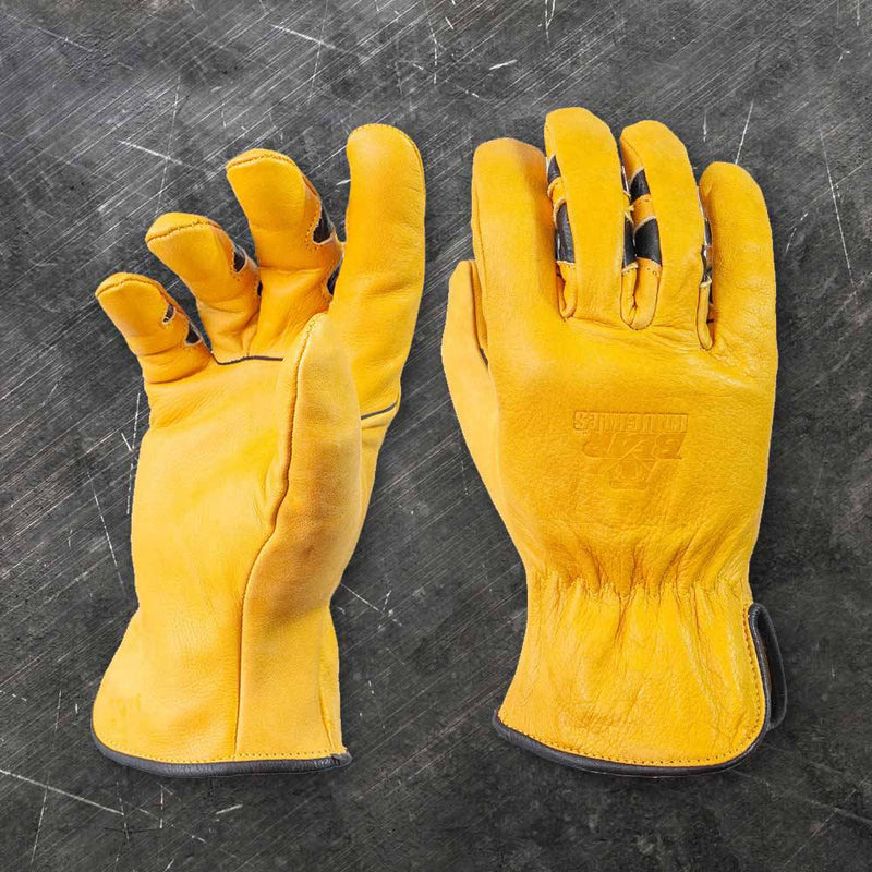 Pair of yellow cowhide driver gloves with ergonomic curved finger design, double wedge construction, and reinforced seams, suitable for Health & Wellness, Farm, Garden & Tool, and Hand Tools and Hardware collections.