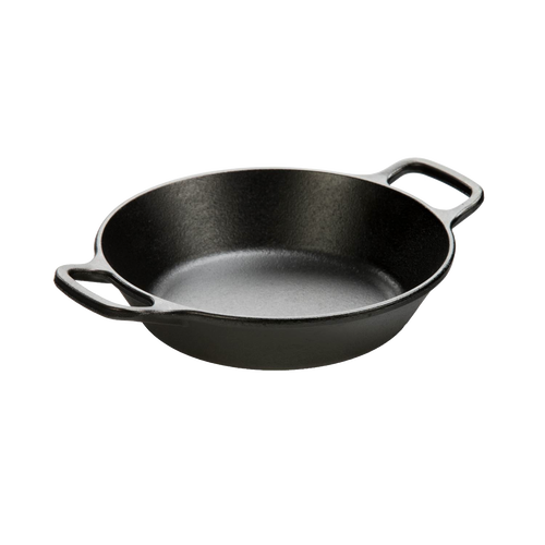 Round black cast iron pan with short side handles, handcrafted for durability, suitable for Kitchen & Food, Cookware, Cast Iron, Best Sellers, and Promo Eligible collections.