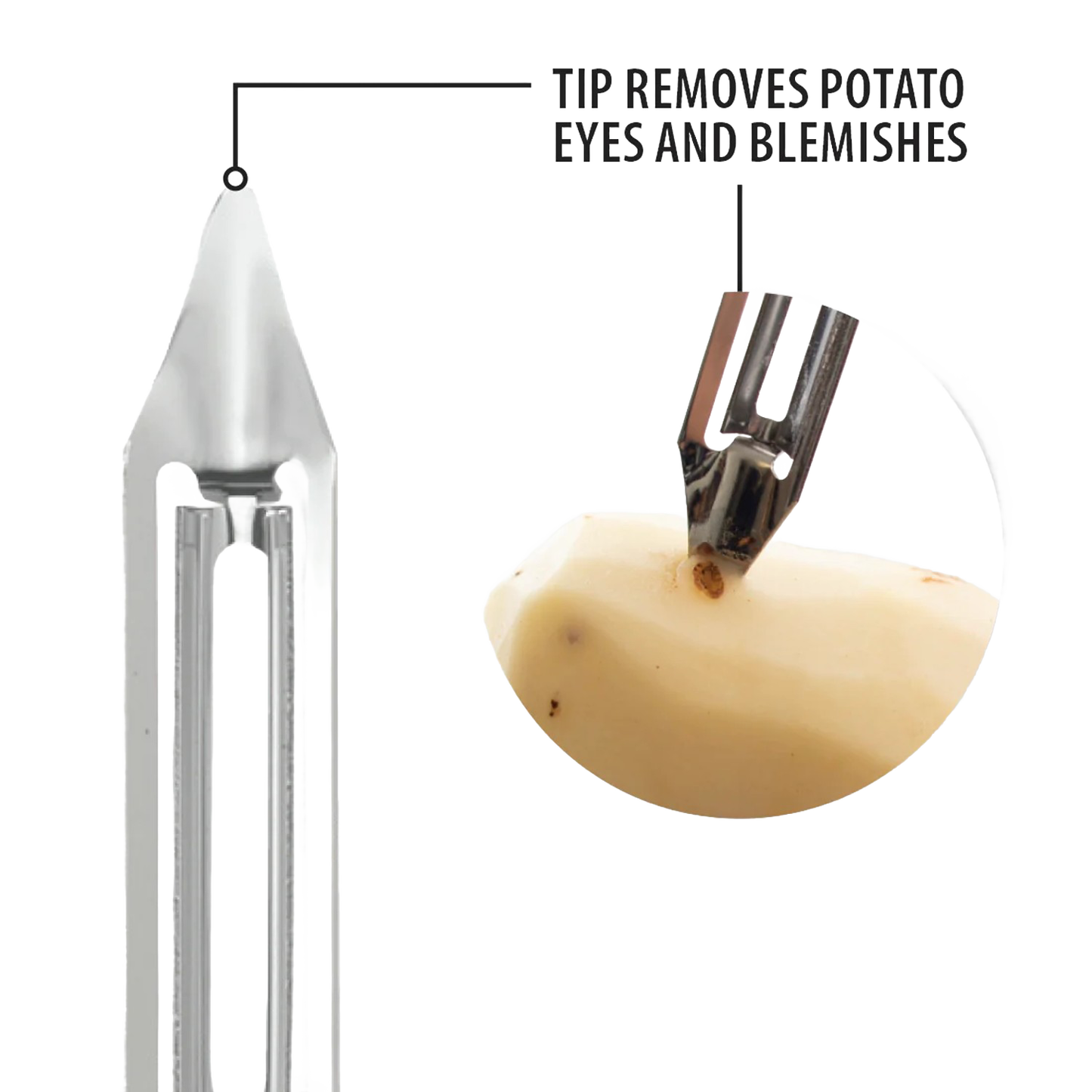 Handcrafted stainless steel peeler tip designed to effortlessly remove potato eyes and blemishes, ideal for Kitchen & Food, Specialty Equipment, Peelers and Pitters, USA Made, Best Sellers, Promo Eligible collections.