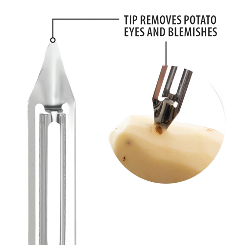 Handcrafted stainless steel peeler tip designed to effortlessly remove potato eyes and blemishes, ideal for Kitchen & Food, Specialty Equipment, Peelers and Pitters, USA Made, Best Sellers, Promo Eligible collections.