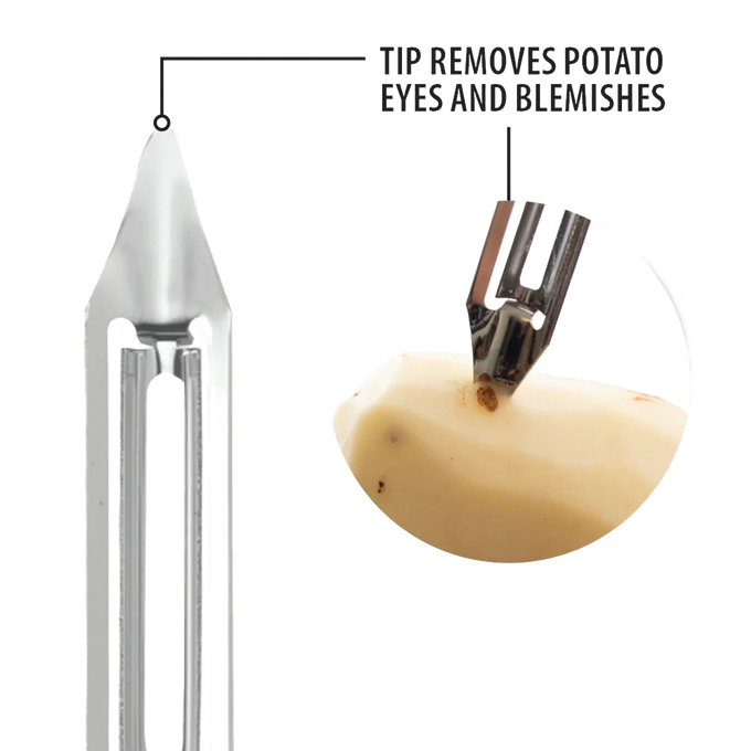Handcrafted stainless steel peeler tip designed to effortlessly remove potato eyes and blemishes, ideal for Kitchen & Food, Specialty Equipment, Peelers and Pitters, USA Made, Best Sellers, Promo Eligible collections.