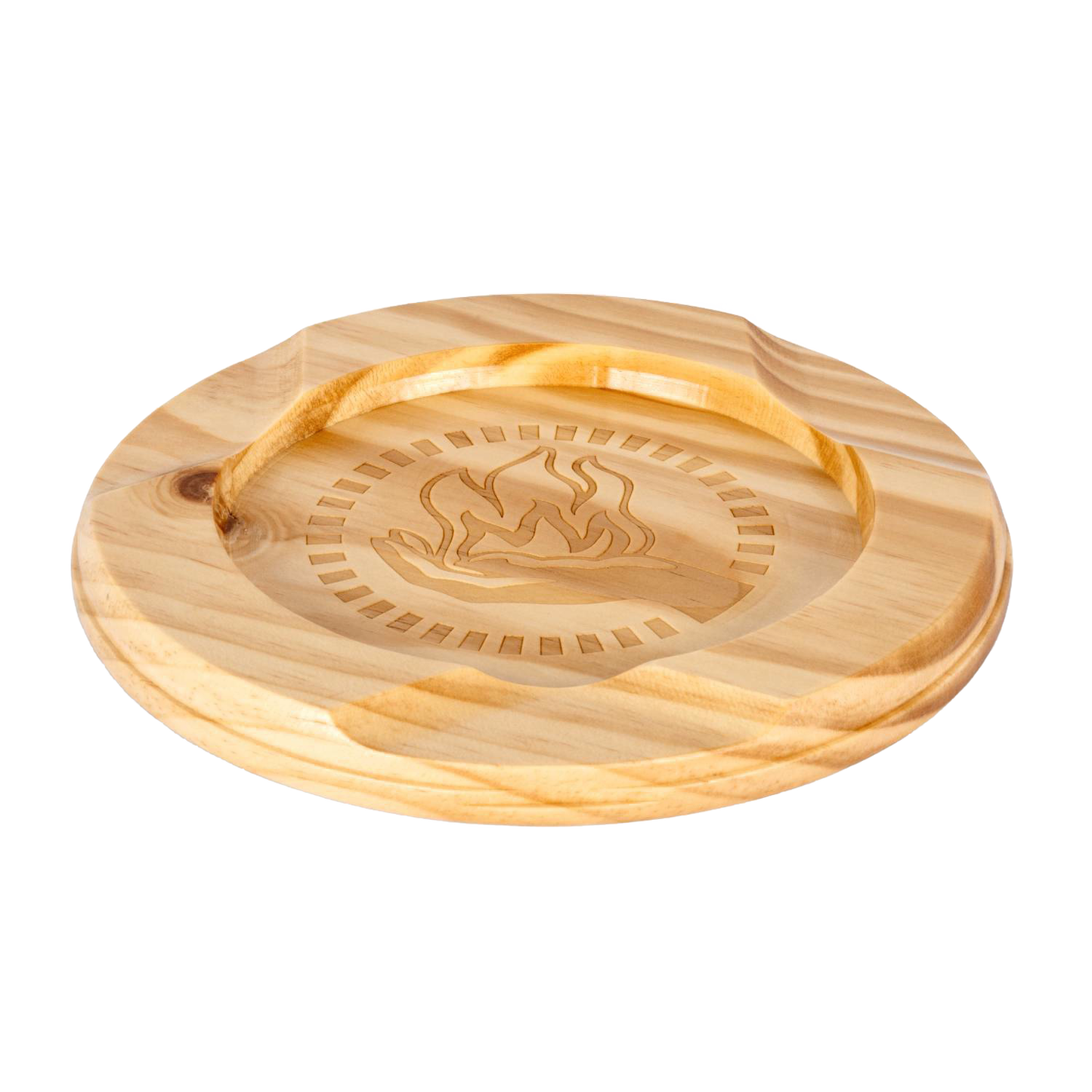 Round handcrafted wooden lid with a carved flame design in the center, made as a unique accessory for the Feuerhand Tamber Tabletop Charcoal Grill, featured in Farm, Garden & Tool and Stoves collections.