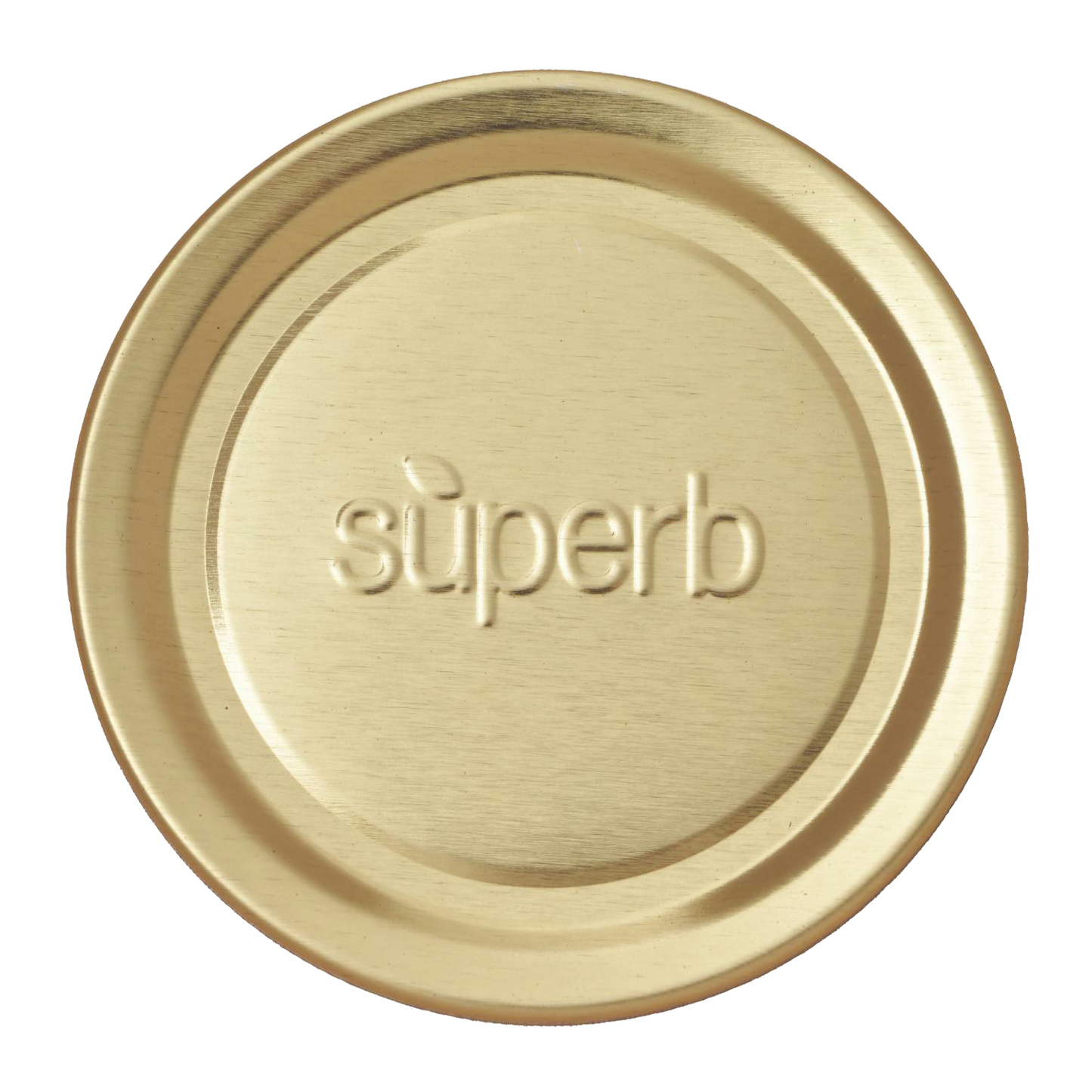 Single gold-tone metal canning jar lid embossed with superb, crafted in USA for Kitchen & Food, Food Preservation, Canning, and Best Sellers collections.