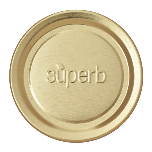 Single gold-tone metal canning jar lid embossed with superb, crafted in USA for Kitchen & Food, Food Preservation, Canning, and Best Sellers collections.