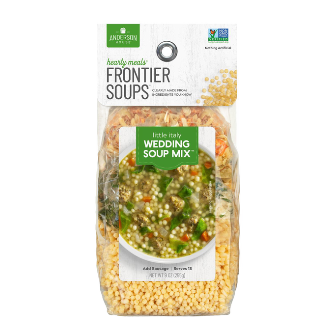 Clear plastic pouch of handcrafted Frontier Soup Mix featuring yellow pasta pearls and vegetable ingredients, labeled for Kitchen & Food, Pantry, Soups, USA Made, and Best Sellers collections.