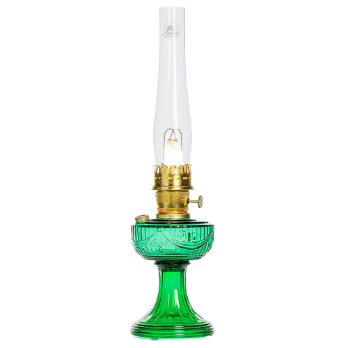 Handcrafted Aladdin Lincoln Drape Oil Lamp with an Ohio-made emerald glass base and clear chimney, designed for Farm, Garden & Tool, Lamps & Lighting, Emergency Supplies, and Oil Lamps collections.