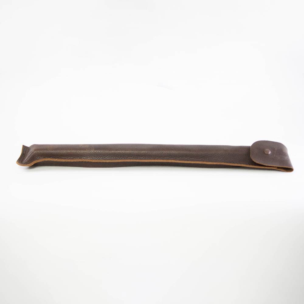 Handcrafted dark brown leather sheath with stitched edges and button closure, designed to protect and carry wood cutting tools in Farm, Garden & Tool and Wood Cutting and Hauling collections.