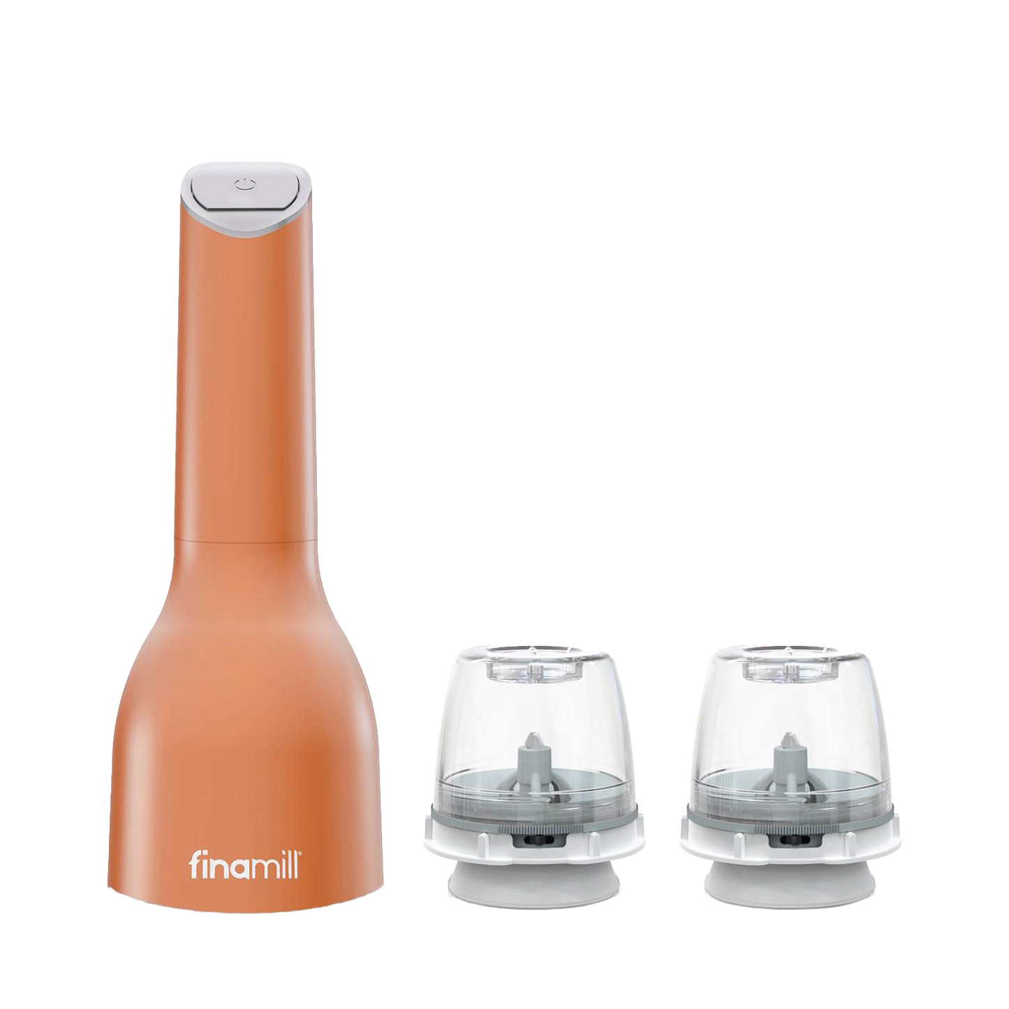 Battery-operated FinaMill grinder in rust-orange with two clear interchangeable grinding pods, designed for easy one-handed use, ideal for Kitchen & Food and Kitchen Gadgets collections.