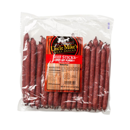 Large pack of handcrafted spicy hot flavored beef sticks made in USA, ideal for Kitchen & Food, Snacks and Sweets, Meats, Holiday Hosting, USA Made, Best Sellers, and Promo Eligible collections.