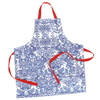 Handcrafted vinyl apron with intricate blue floral retro pattern and bright red adjustable straps, featuring two large pockets, designed for Kitchen & Food, Kitchen Accessories, USA Made, and Best Sellers collections.