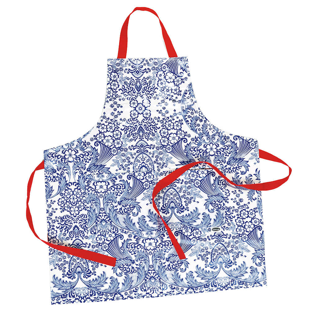 Handcrafted vinyl apron with intricate blue floral retro pattern and bright red adjustable straps, featuring two large pockets, designed for Kitchen & Food, Kitchen Accessories, USA Made, and Best Sellers collections.
