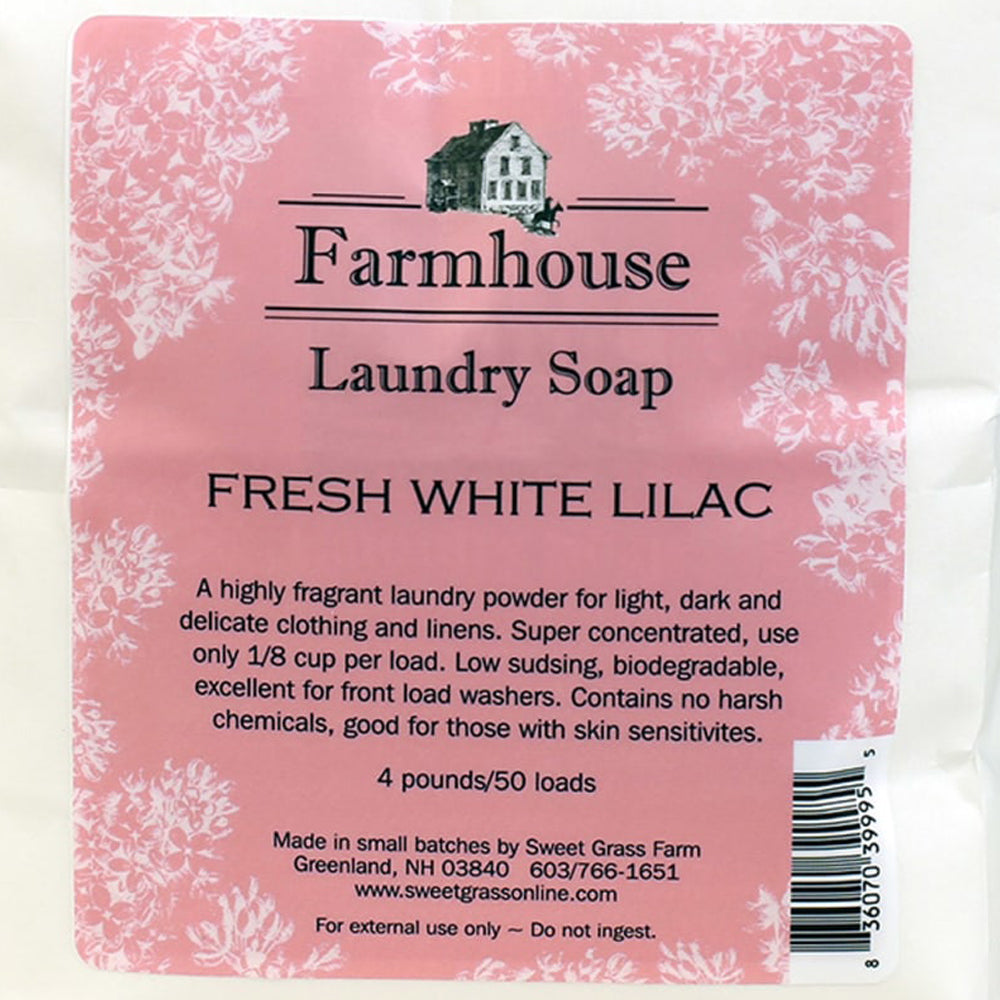 Handcrafted white lilac-scented laundry powder made in USA with a gentle, biodegradable, low-sudsing formula, ideal for delicate fabrics, featured in Home & Decor, Soaps and Soapmaking, Laundry Supplies, USA Made, and Best Sellers collections.