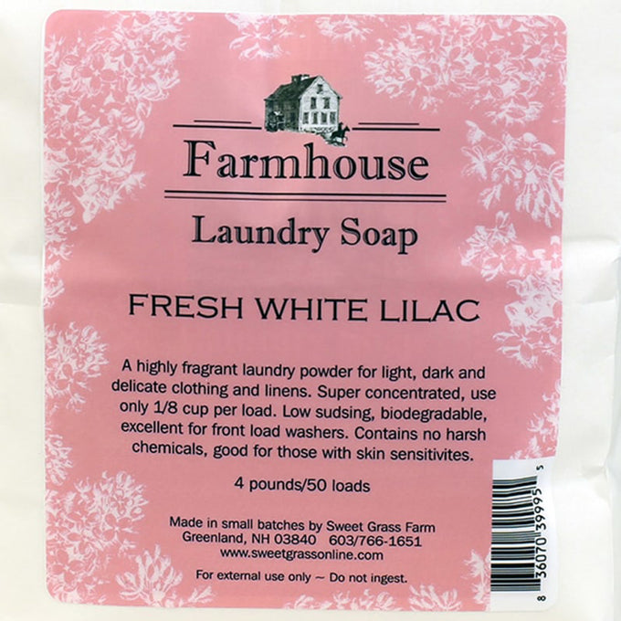 Handcrafted white lilac-scented laundry powder made in USA with a gentle, biodegradable, low-sudsing formula, ideal for delicate fabrics, featured in Home & Decor, Soaps and Soapmaking, Laundry Supplies, USA Made, and Best Sellers collections.