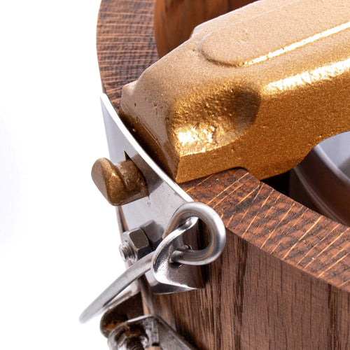 Close-up of a handcrafted Amish made wooden ice cream freezer clamp with textured metal latch and rugged hardware, ideal for Kitchen & Food, Specialty Equipment, and USA Made collections.