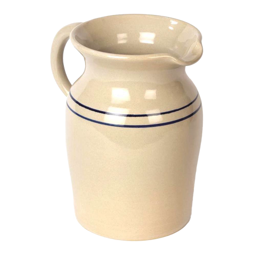 Handcrafted USA made durable glazed stoneware pitcher in cream with dual blue stripes, perfect for serving drinks or as an elegant vase, featured in Kitchen & Food and Dinnerware collections.