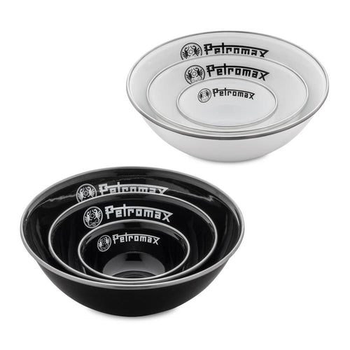 Set of nested white and black enamel bowls with subtle rims and logos, crafted for lightweight, durable use resistant to corrosion, heat, and scratches, suitable for Farm, Garden & Tool, Kitchen & Food, Camping, Dinnerware, Best Sellers, and Promo Eligible collections.