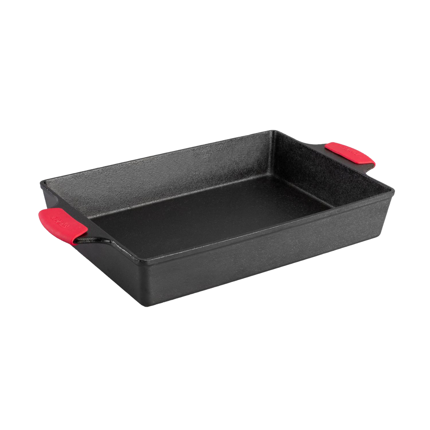 Handcrafted cast iron baking pan with high walls and dual red silicone grips, featuring a naturally seasoned surface, ideal for Kitchen & Food, Cookware, Cast Iron, USA Made, Best Sellers, and Promo Eligible collections.