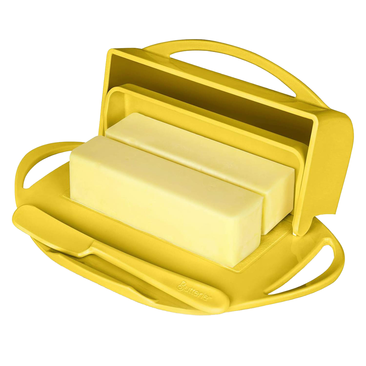 Yellow flip-top butter dish with integrated handle and matching spreader resting in a front cradle, holding a rectangular butter stick, designed for neat, mess-free use in Kitchen & Food, Kitchen Gadgets, and Storage and Serving collections.