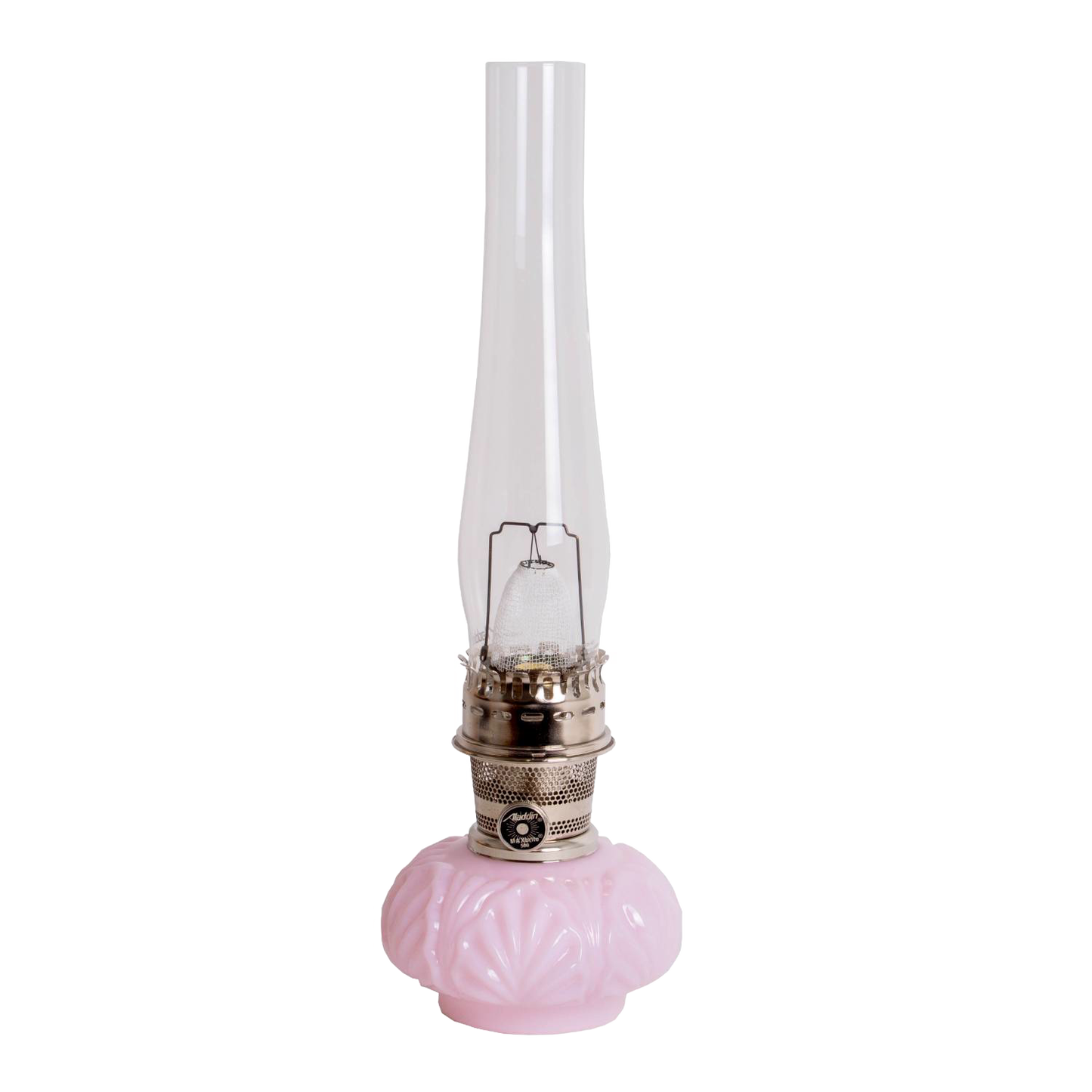 Handcrafted limited edition oil lamp featuring a soft pink Crown Tuscan glass base with bright metal burner and tall clear chimney, ideal for Lamps & Lighting, Oil Lamps, Table Lamps, Best Sellers, and Promo Eligible collections.