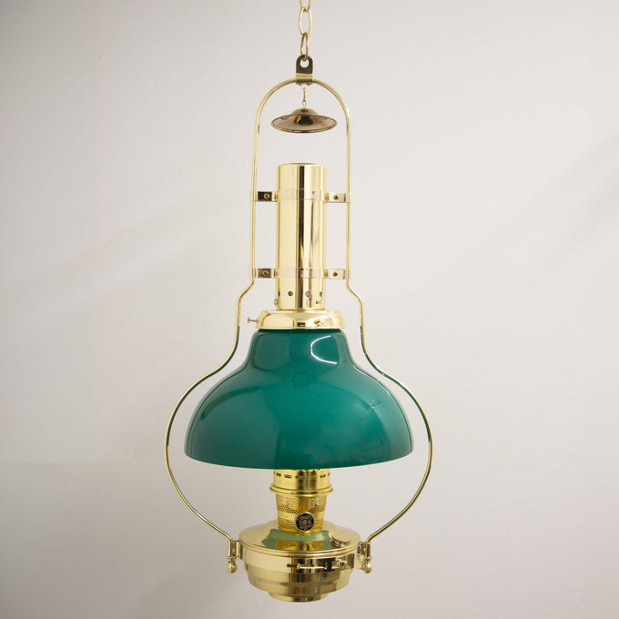 Deluxe brass hanging oil lamp with a gleaming solid brass frame and vibrant 12-inch emerald green glass shade, featured in Farm, Garden & Tool, Lamps & Lighting, and Emergency Supplies collections.
