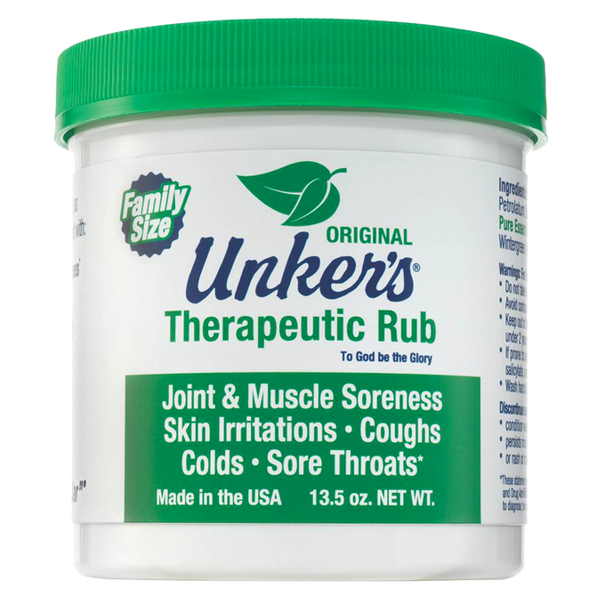 Container of Unker's Therapeutic Rub with green lid, offering natural relief for joint and muscle soreness, coughs, and skin irritations, featured in Health & Wellness and USA Made collections.