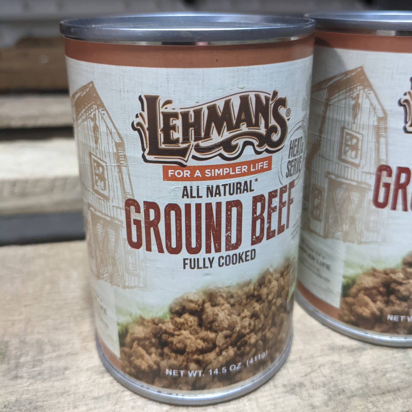Close-up of Amish handcrafted canned fully cooked all natural ground beef with rustic label, ideal for quick meals in Kitchen & Food, Food, Meats, Best Sellers, and Promo Eligible collections.