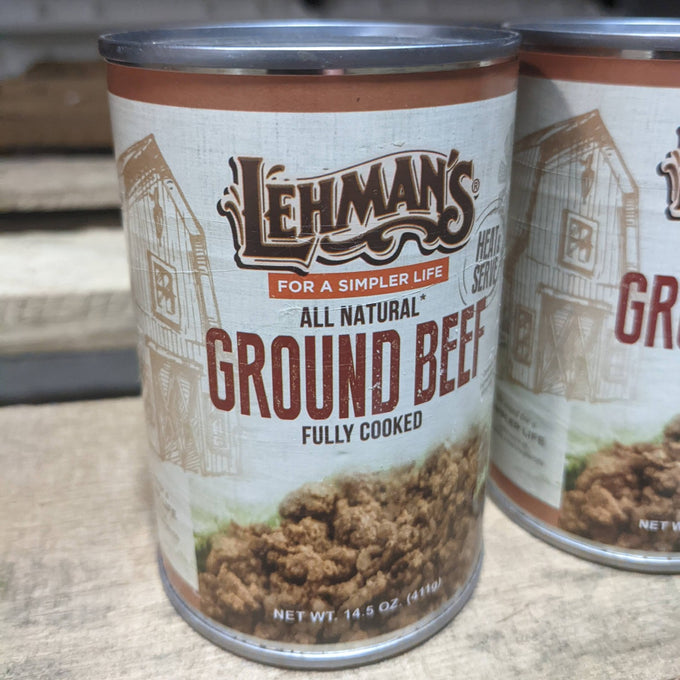 Close-up of Amish handcrafted canned fully cooked all natural ground beef with rustic label, ideal for quick meals in Kitchen & Food, Food, Meats, Best Sellers, and Promo Eligible collections.