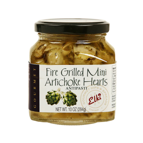 Glass jar of fire-grilled mini artichoke hearts in marinade, ideal for gourmet antipasti, Kitchen & Food, Pantry, Food, Best Sellers, and Promo Eligible collections.