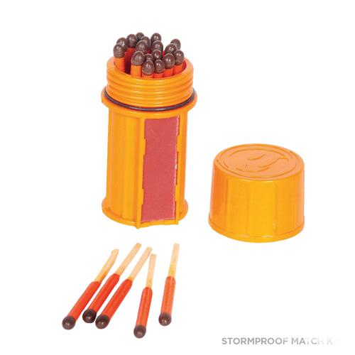 Compact waterproof orange container filled with safety matches, designed for reliable fire starting in outdoor, camping, farm, garden, and emergency supply use.
