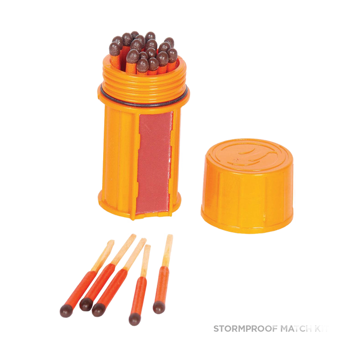 Compact waterproof orange container filled with safety matches, designed for reliable fire starting in outdoor, camping, farm, garden, and emergency supply use.