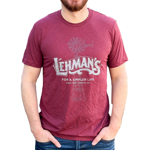 Man wearing a soft, lightweight maroon t-shirt featuring a muted windmill graphic and Lehman's "For a Simpler Life" print, perfect for Health & Wellness, Clothing and Accessories, Best Sellers, and Promo Eligible collections.