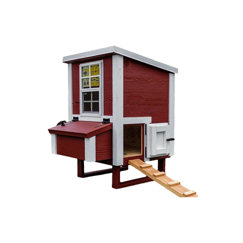 Handcrafted heavy-duty chicken coop with red wooden panels and white trim, featuring a small ramp, window, and nesting box, made in USA for farm, garden & tool and chicken accessories collections.