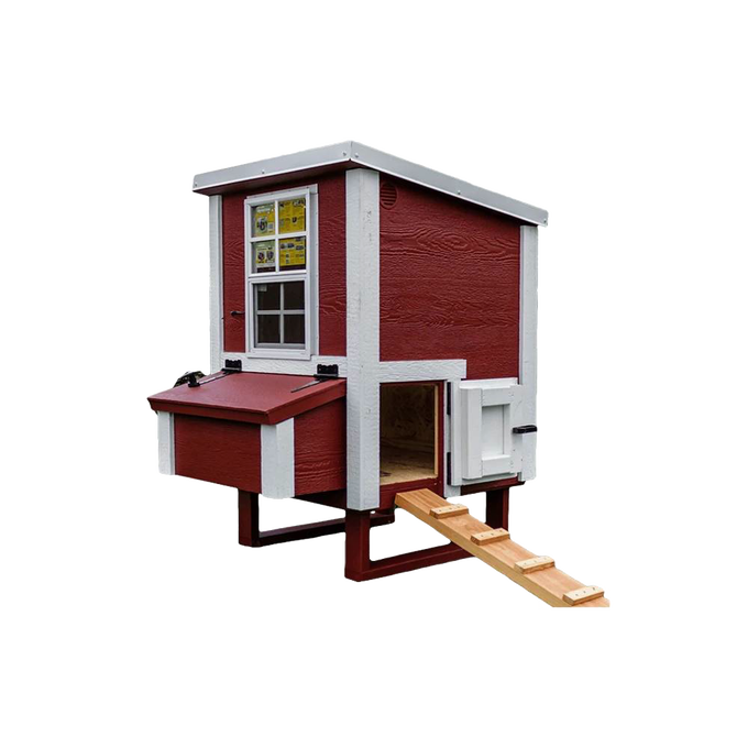 Handcrafted heavy-duty chicken coop with red wooden panels and white trim, featuring a small ramp, window, and nesting box, made in USA for farm, garden & tool and chicken accessories collections.