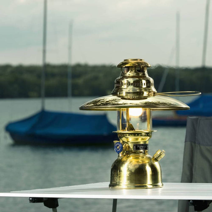 Polished brass top reflector mounted on a classic pressure lamp, designed to enhance and direct light downward, ideal for Lamps & Lighting, Parts and Accessories, and Best Sellers collections.