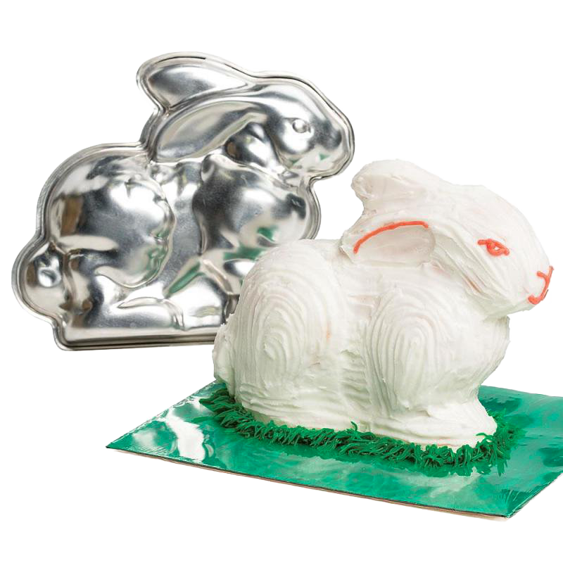 Shiny two-piece metal bunny cake pan alongside a decorated white bunny cake with orange accents, ideal for festive baking in Kitchen & Food, Cookware, USA Made, and Best Sellers collections.