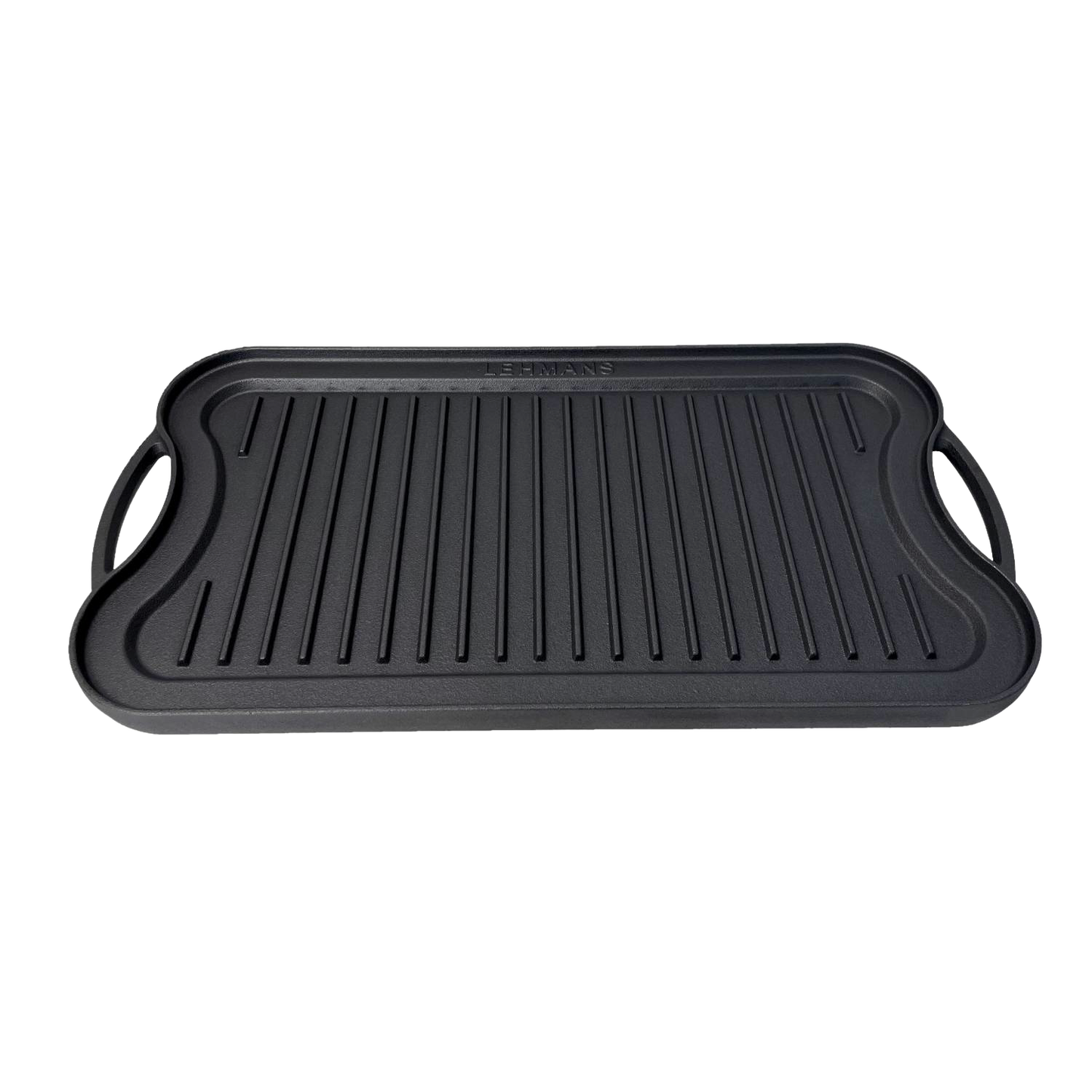 Handcrafted nitrided cast iron griddle with ridged cooking surface and dual side handles, designed for outdoor and campfire use in Farm, Garden & Tool, Kitchen & Food, Camping, and Cookware collections.