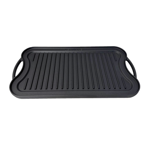 Handcrafted nitrided cast iron griddle with ridged cooking surface and dual side handles, designed for outdoor and campfire use in Farm, Garden & Tool, Kitchen & Food, Camping, and Cookware collections.