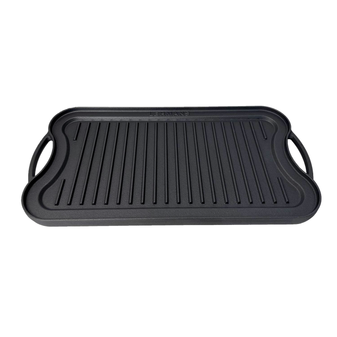 Handcrafted nitrided cast iron griddle with ridged cooking surface and dual side handles, designed for outdoor and campfire use in Farm, Garden & Tool, Kitchen & Food, Camping, and Cookware collections.