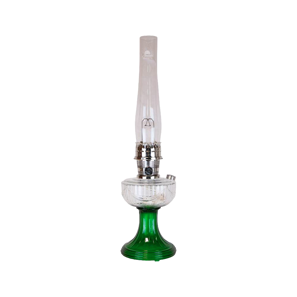 Vintage-style oil lamp featuring a clear glass chimney over a handcrafted emerald green glass base with an elegant sweeping font design, perfect for Lamps & Lighting, Oil Lamps, and Best Sellers collections.