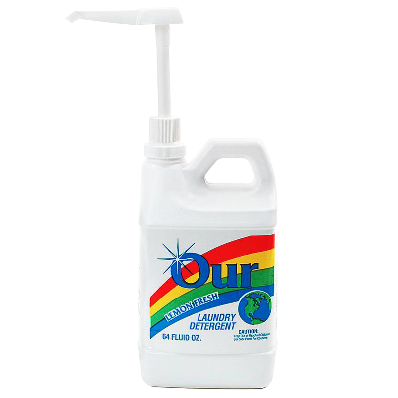 White 64-ounce jug of lemon fresh liquid laundry detergent with pump dispenser, featuring eco-friendly formula made in USA, ideal for Home & Decor, Laundry Supplies, and Best Sellers collections.