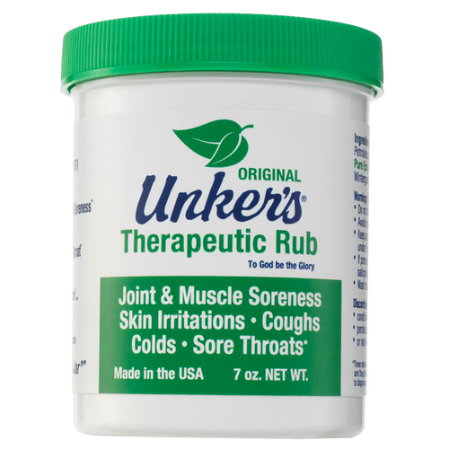 Container of handcrafted therapeutic rub for joint and muscle soreness, skin irritations, coughs, and sore throats, made in USA, featured in Health & Wellness, Health Remedies, and Best Sellers collections.