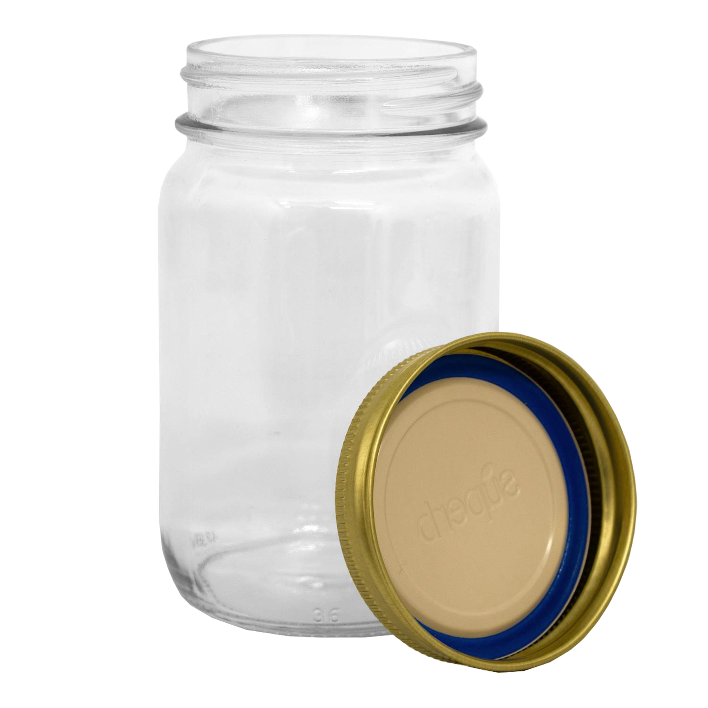 Clear regular-mouth glass canning jar alongside a durable metal lid with blue sealing ring, designed for food preservation in Kitchen & Food, Canning, and USA Made collections.